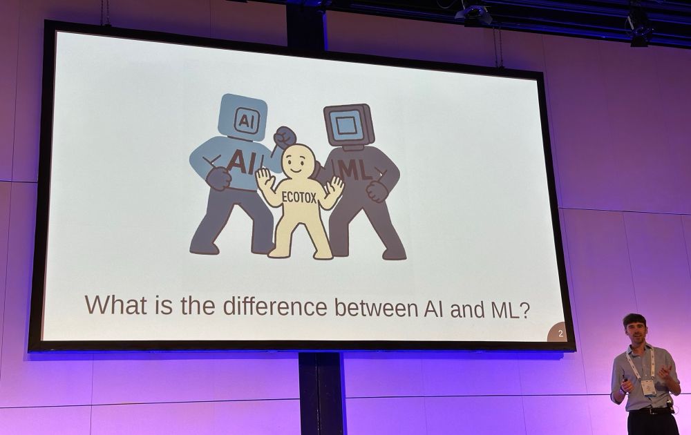 Scientist at his plenary talk with a slide showing a cartoon about artificial intelligence, machine learning and ecotoxicology