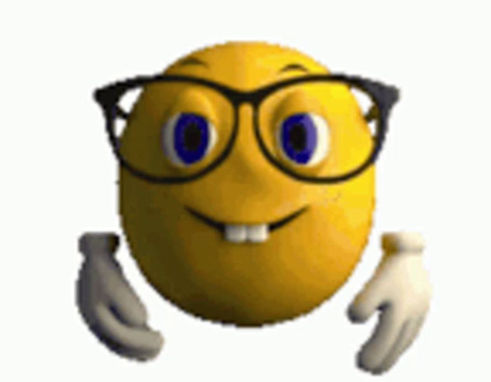 a yellow smiley face with glasses and gloves on