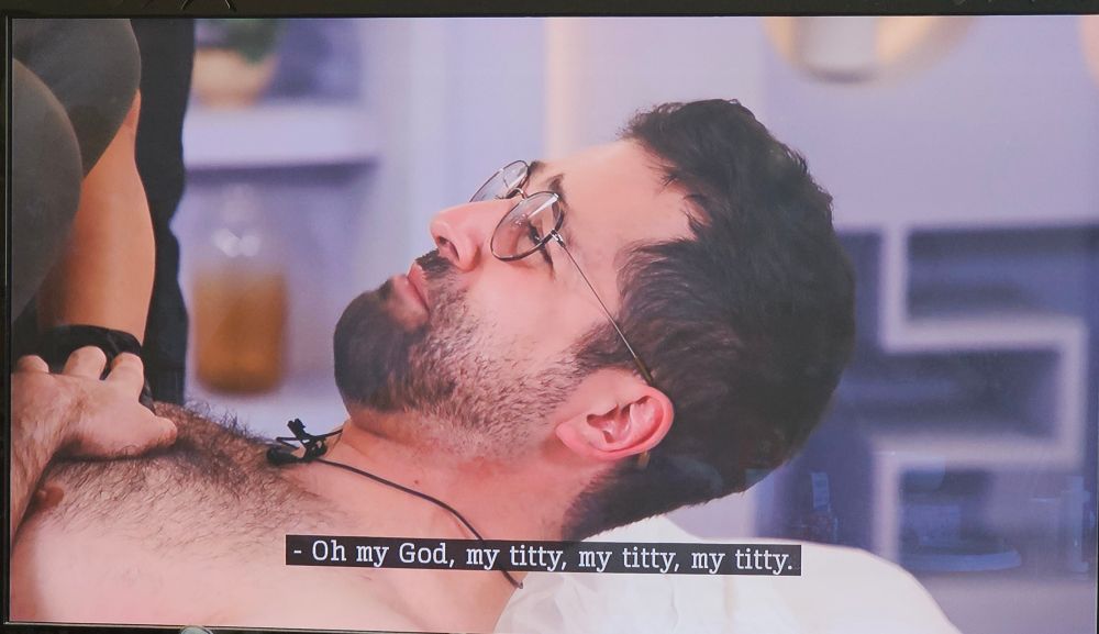 Johnny Cakes on new 2nd Try episode "Hairy Guys Get Waxed". He's mid-chest wax: curled up in pain, shirtless, clutching his chest. Caption: "Oh my God, my titty, my titty, my titty"