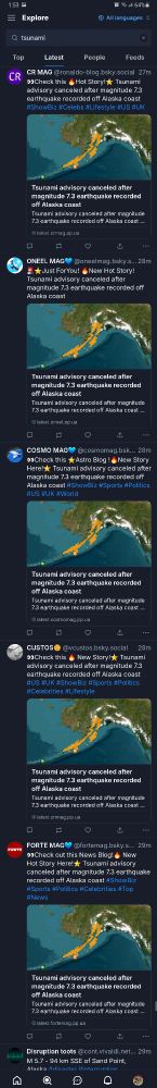 Results under Latest Posts by searching "tsunami". Same image, similar link, similar wording and format. Example:

"👀Check this 🔥 New Story!⭐ Tsunami advisory canceled after magnitude 7.3 earthquake recorded off Alaska coast"