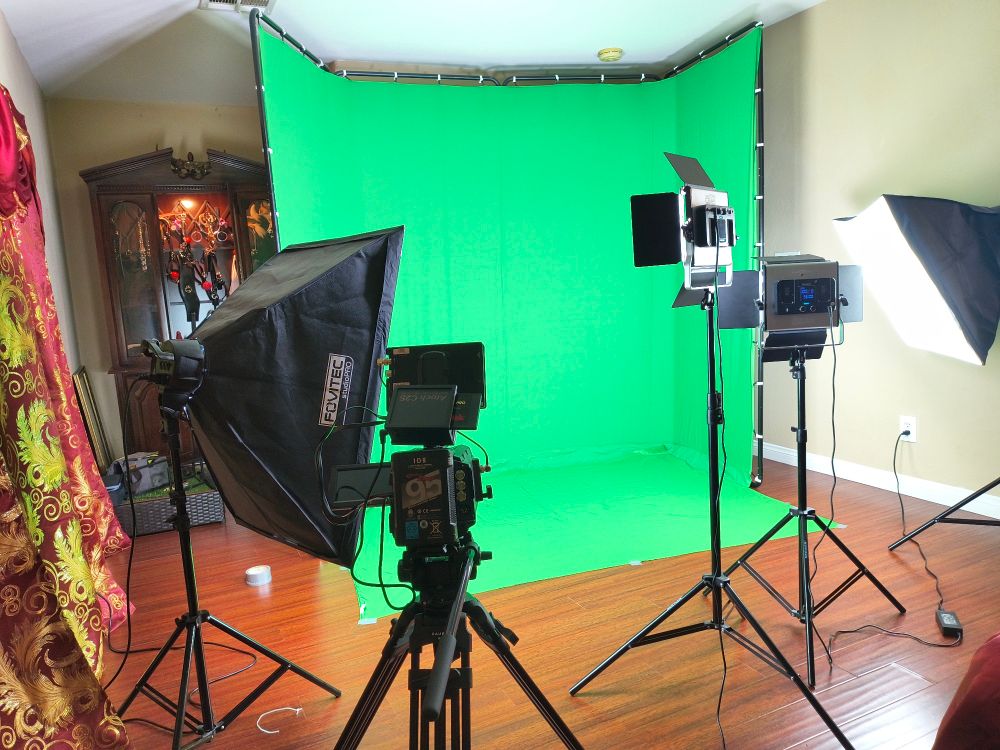 A photo of a large green screen, 2 soft box lights, 2 led lights, and a Blackmagic camera