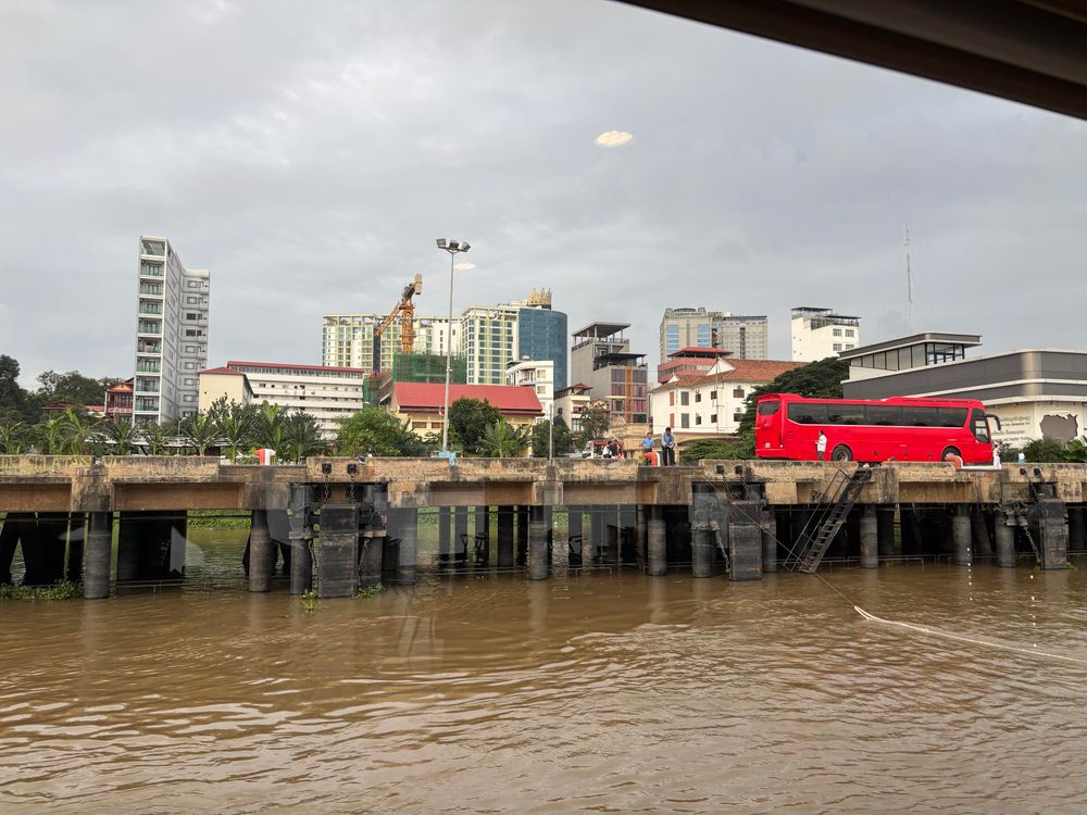 Docks and city buildings. 