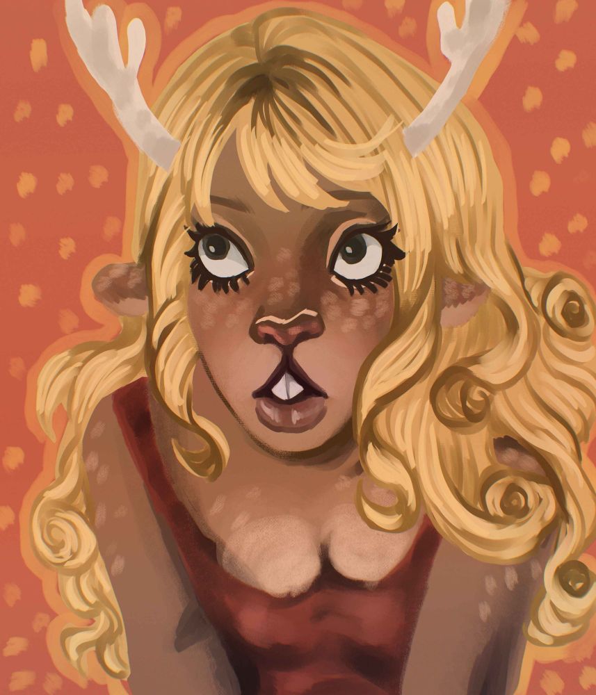 noelle holiday with big curly 60's style hair and a red dress, looking up at someone