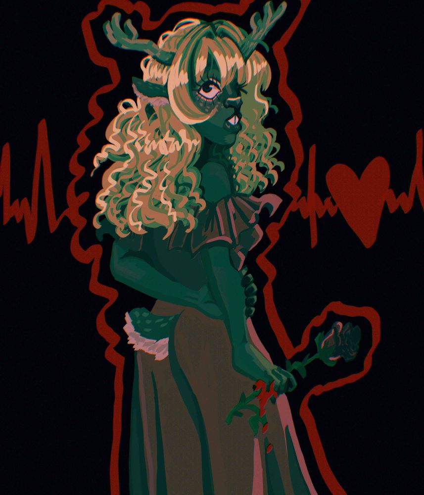 noelle holiday in a red dress, holding a thorny rose in her bleeding hand. the background is an ominous black with a red heart beat.