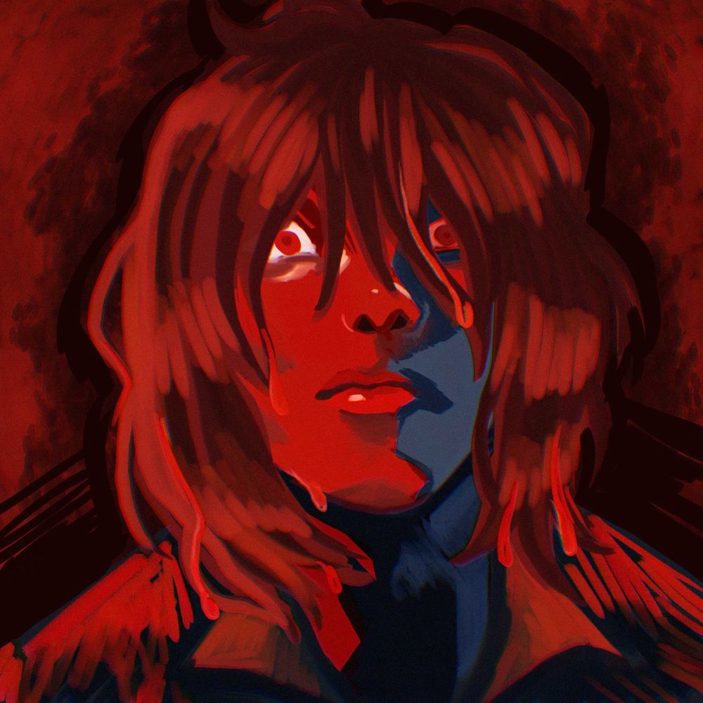 kris dreemurr covered in blood staring directly at the viewer