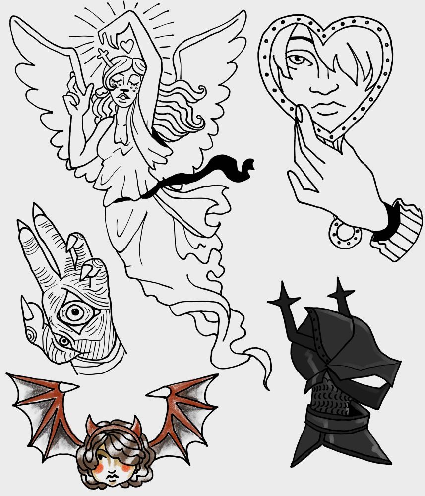 tattoo design sheet. in the top left is noelle as an angel with her hand in the jesus hand pose and the other raised to hold the soul that is shining with bright lights. to the right is a victorian style hand holding a heart shaped mirror with kris's face reflected in it. to the bottom right is a black helmeted armor suit with reindeer horns known as the roaring knight. to the left there is a hand with eyeballs on it and lastly a cherub devil version of kris
