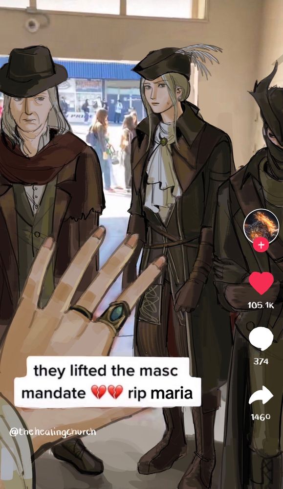 redraw of the masc mandate meme with the hunterss from bloodborne #awesome