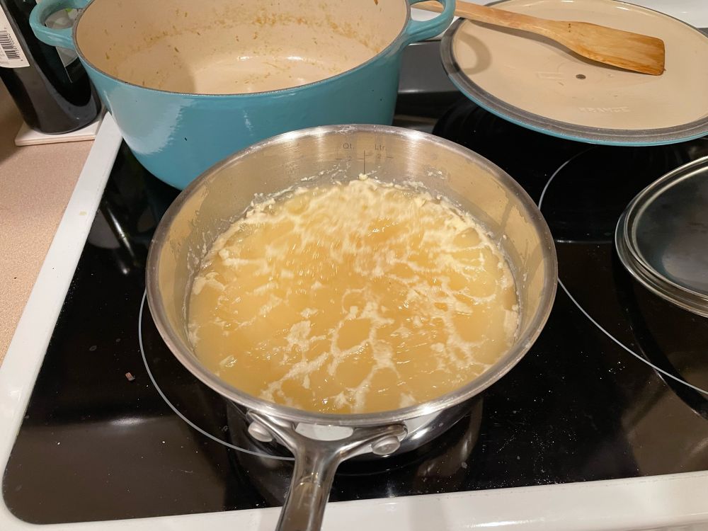 Jiggly chicken stock with the fat layer scraped off