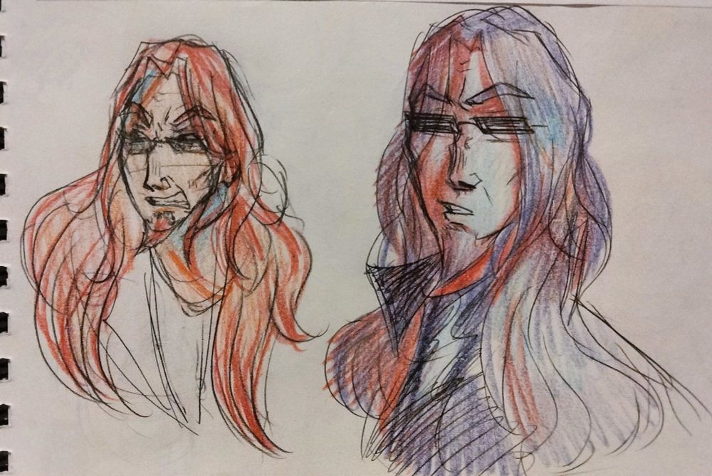 two separate doodles of postal dude with his hair down