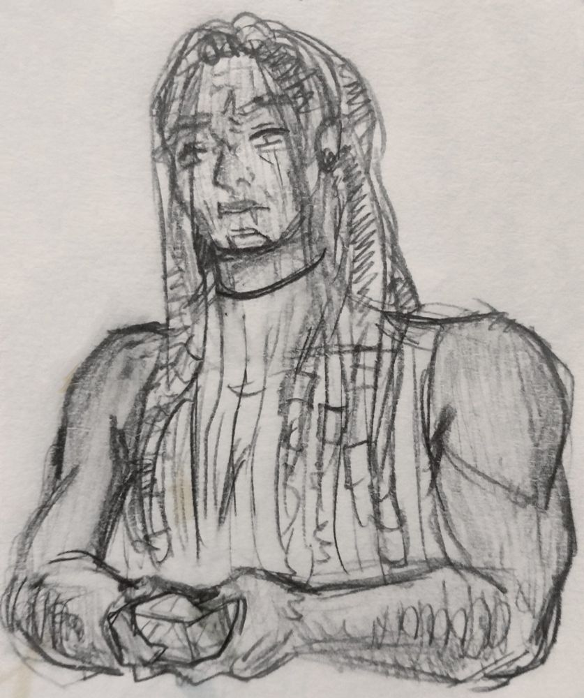 sketch of my human megatron design holding a cube of energon 