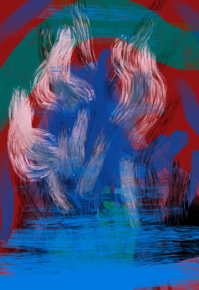 abstract art. on a vividly red background, there is a blue shape painted in the middle, vaguely triangle shaped. it has large white shapes, almost shaped like individual flames, coming out of it. below the blue shape is a green shape, which is mostly obscured by a lighter blue streaks of paint that almost completely cover it