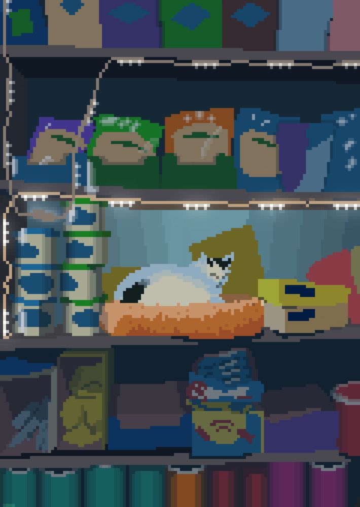 pixel art of a bodega cat sleeping in a cat bed on shelves full of merchandise