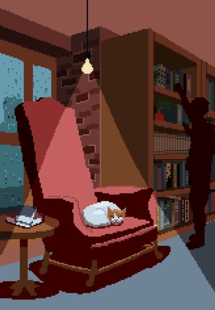 Pixel art of a cat sleeping in a chair. They could be at either a library or a bookstore. There is a shelf with books next to the cat. a light hangs from the ceiling shining light directly on the cat 
