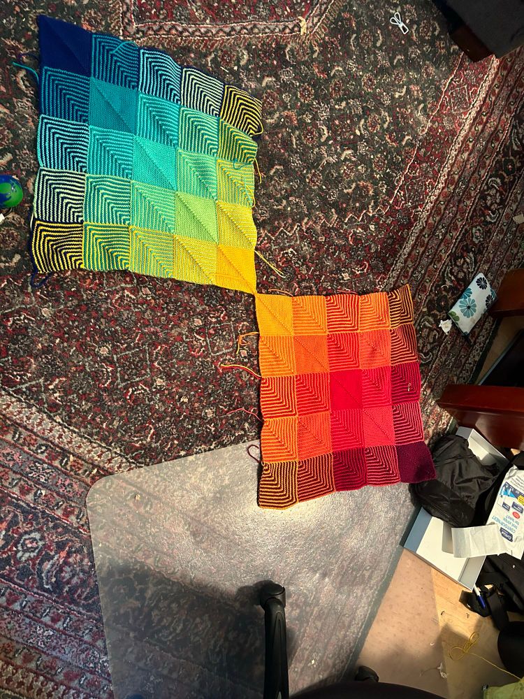 Two panels of a four panel rainbow blanket in an patterned rug