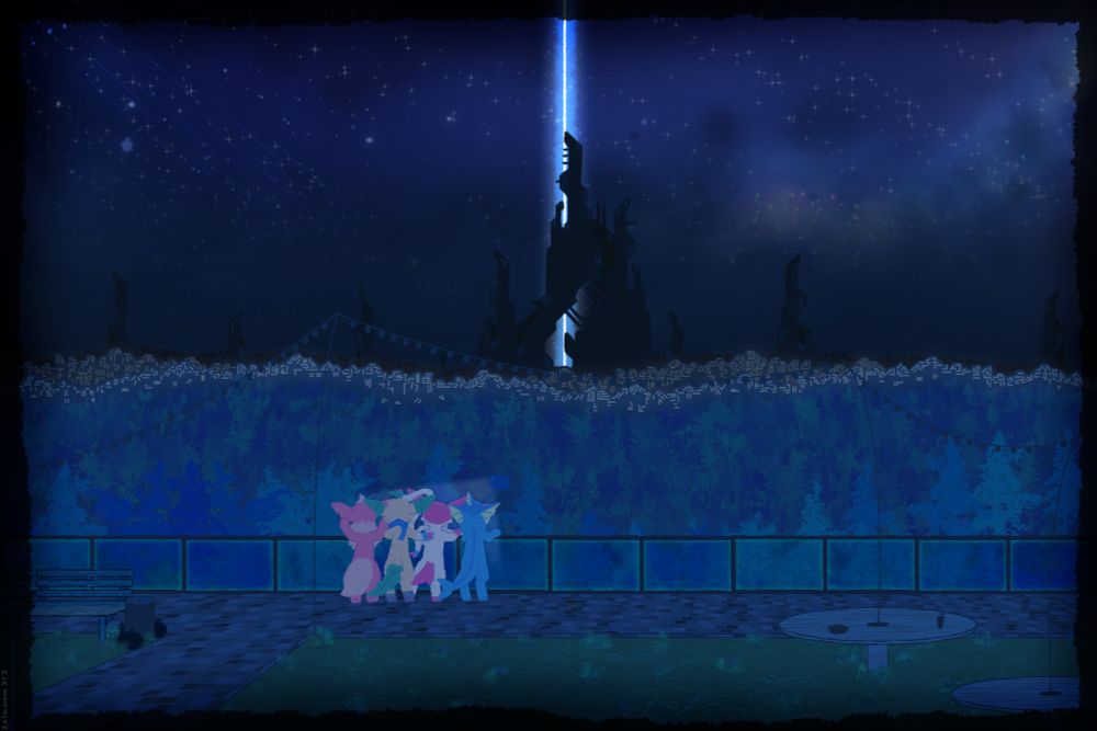 A digital illustration of four pastel-colored, vees standing arm-in-arm on a tiled terrace at night, gazing out over a dense, moonlit forest. In the distance, a dark, angular structure rises above the treetops, emitting a vertical beam of glowing blue light into a star-studded sky streaked with shooting stars; string lights hang overhead, and empty benches and round tables occupy the foreground.