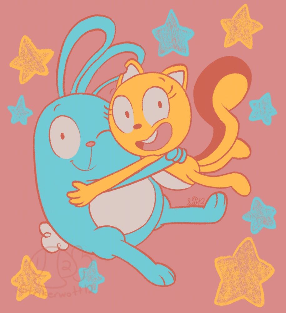 A drawing of Kiff and Barry hugging each other while happily looking at the audience. There are orange and light blue stars scattered around them and there’s a pink background too.