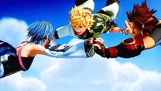 A screenshot of Aqua, Ventus, and Terra from the Kingdom Hearts A Fragmentary Passage opening