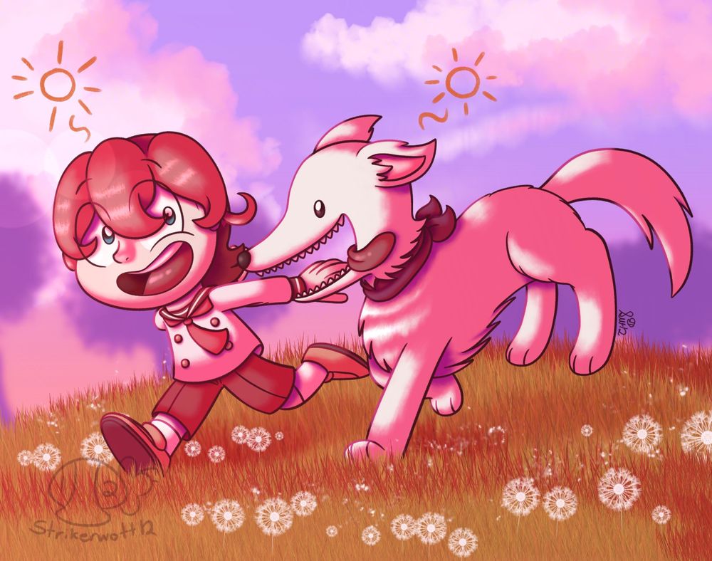 A drawing of a younger Trey and his family’s dog (A big, white, and fluffy dog who looks like a borzoi, although I could be wrong LOL) happily running outside in a field with a few dandelions. The sun is also setting and it’s sunny and partly cloudy.