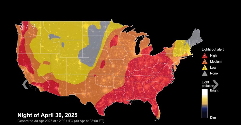 Lights Out alert map for the U.S. showing almost all the states in some level of needing lights out for birds. 