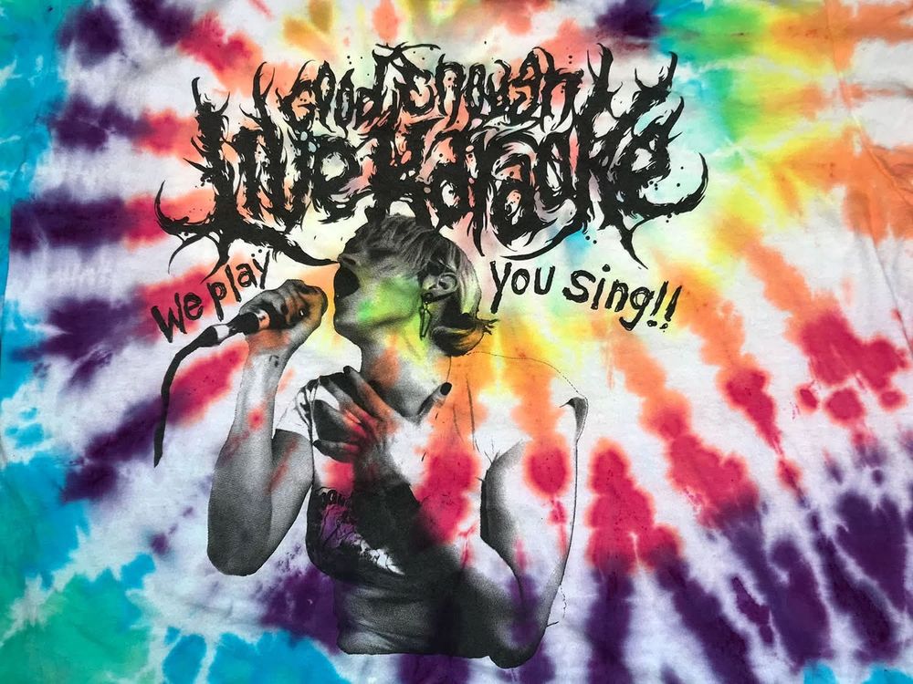 A woman sings into a microphone, with a tie-dyed filter superimposed. Text reads, "Good Enough Live Karaoke, we play, you sing!"