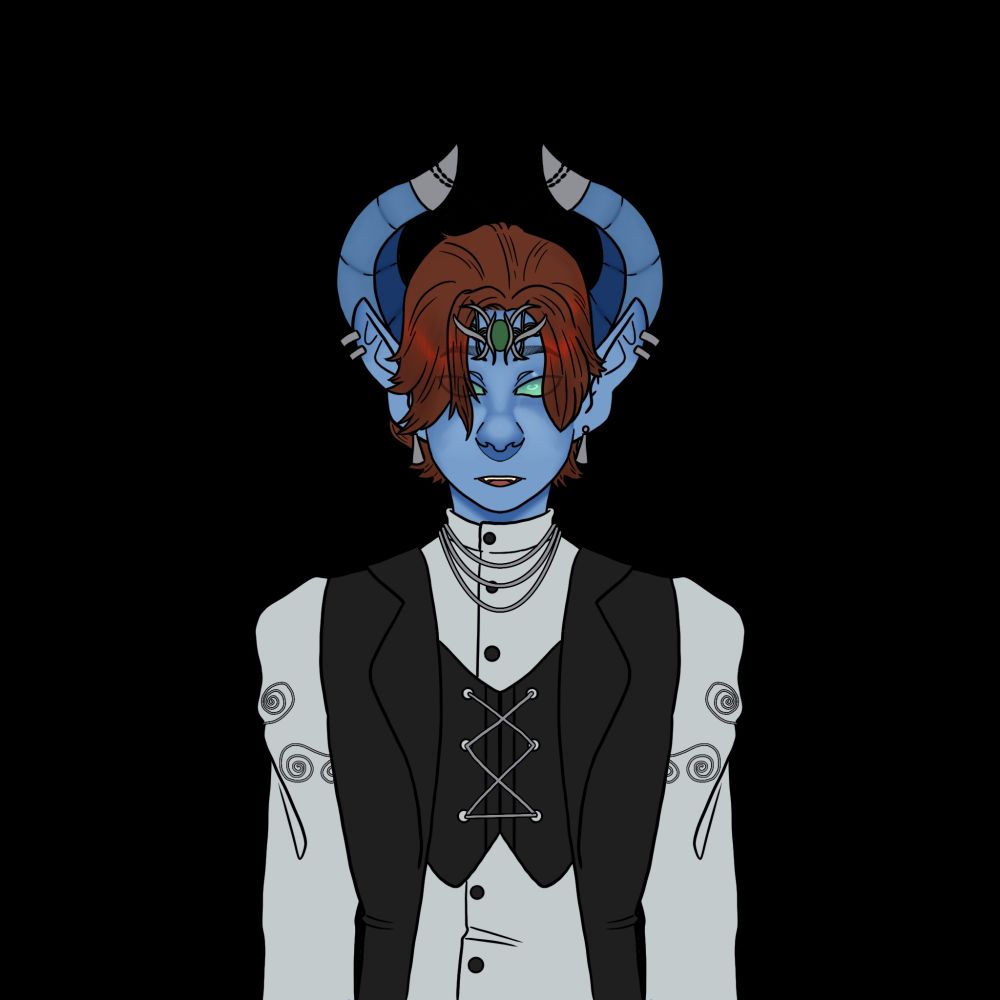 A blue skinned Dhampir Tiefling. Nicolai has silver jewelry. Horn tips, earrings, necklaces, and arm bands. He has a circlet with an emerald he made himself. He wears a long sleeved white button down with a black vest/overcoat. He has pulled back red hair and green eyes. His mouth is open as if he were talking.