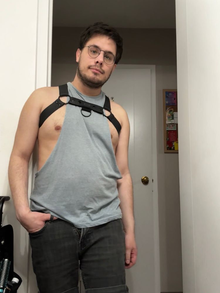 Young White man with short dark brown hair in a pale blue tank top that is cut on the sides to the point in which his nipples are visible.  Over it, he wears a black faux-leather chest harness. 