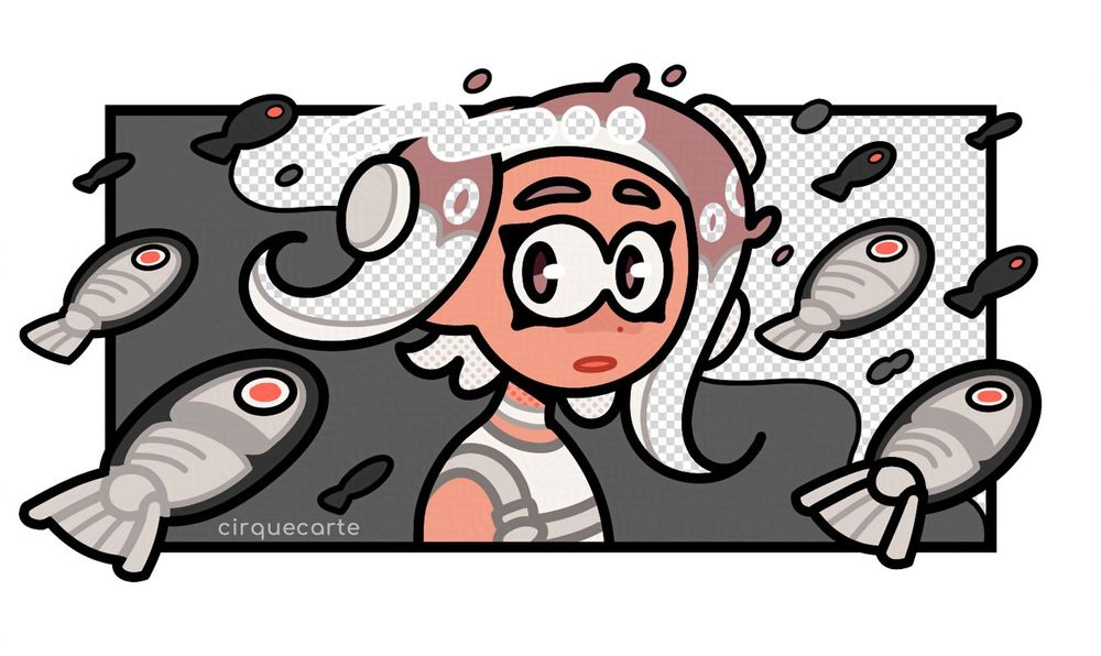 A chibi of Agent 8 from Splatoon 3's Side Order DLC. They are surrounded by jelletons, and black ink covers half of the picture, while the other half is depicted with a transparency pattern. Agent 8's tentacles also have a transparent effect. This will be a transparent sticker in my shop soon!