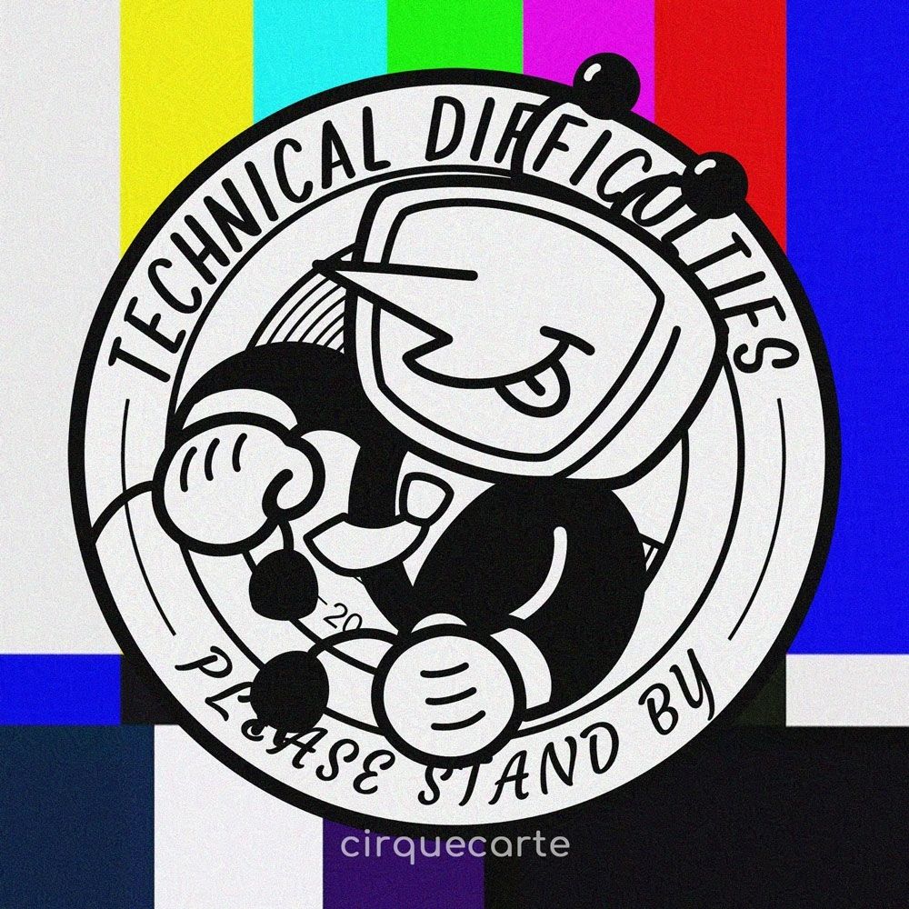 Fanart of Tenna from Deltarune. He's drawn in a vintage style, holding a disconnected power cable with a silly expression. This is a reference to a graphic in game. This will be a vinyl sticker for Anime Impulse Bay Area and will be on my online shop afterwards!

Text: Technical Difficulties
Please stand by