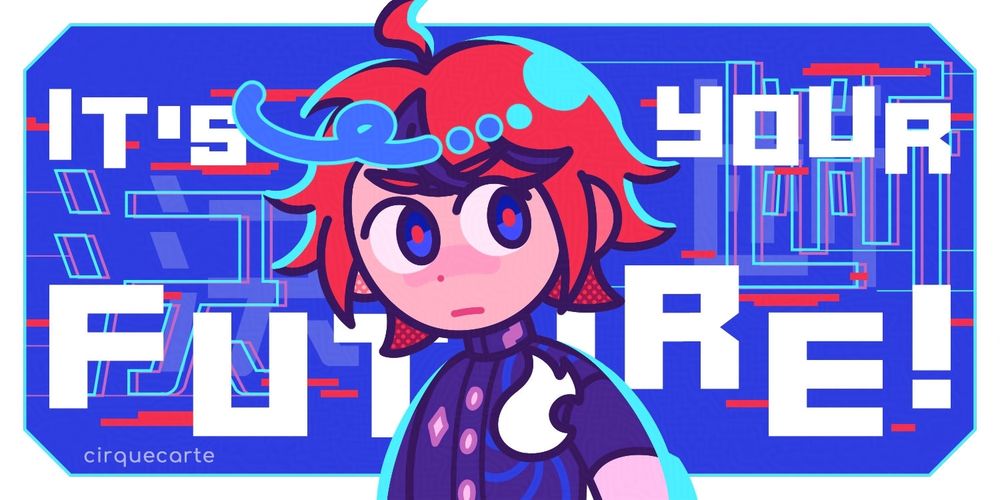 A chibi of Takumi Sumino from The Hundred Line: Last Defense Academy. He has a determined expression, mimicking the decision screen that occurs when choosing different story branches. This will be a holo sticker in my shop soon!

Background text: It's your future!