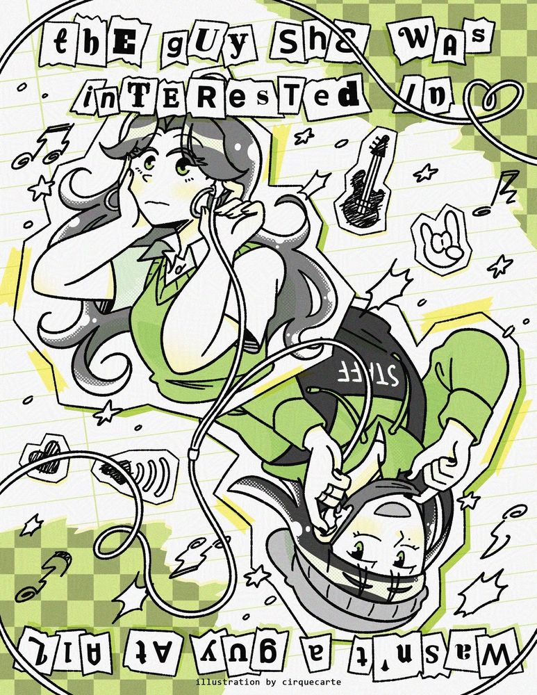 An illustration of Aya Osawa and Mitsuki Koga from the Manga The Guy She was Interest In Wasn't a Guy at All. They're both sharing the same set of earphones, but Aya has a flustered expression while Mitsuki is smiling.

Text: The guy she was interested in wasn't a guy at all

This will be an upcoming risograph print!