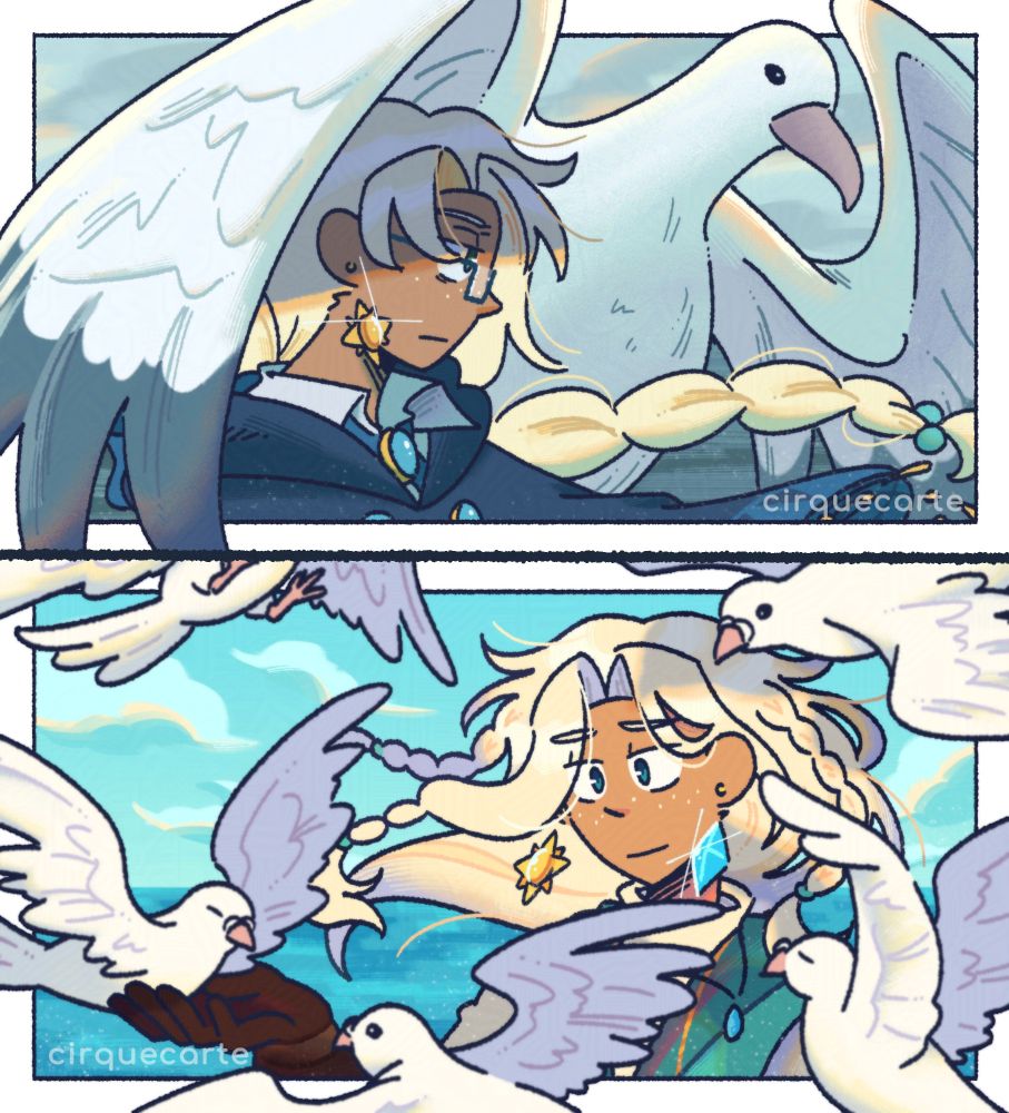 Two illustrations of my OC, Wander, at different points of his life. In one illustration, he's with an albatross whose wing shields him protectively while he looks out with a somber but determined expression. In the other, he's with a group of doves and smiling as they gather around him.