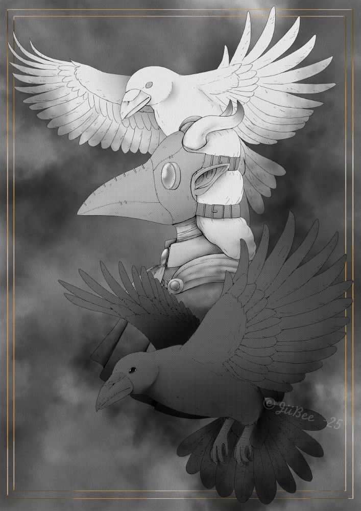 Digital illustration of a character in a plague doctor mask, surrounded by two ravens mid flight, a white and a black one. The character, thiefling called Entropy, is in sideprofile. The picture is in greyscale and shaded with halftones, and there's a thin golden double frame behind them. Watermark reads "©JiiBee -25"