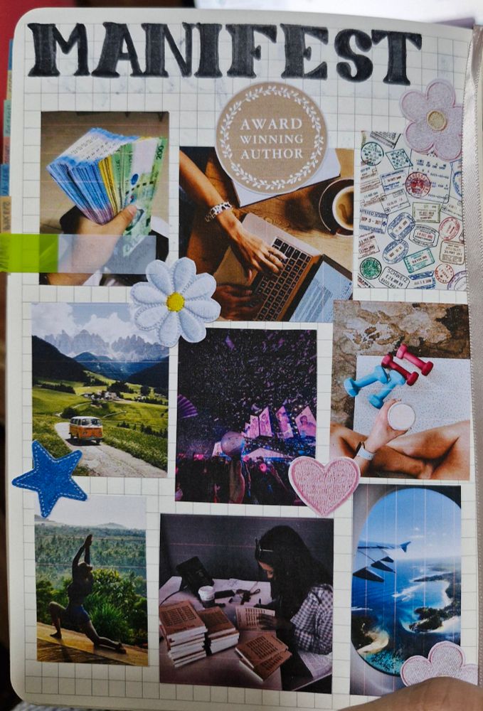 Vision Board with pics of travel, money, health, and writing