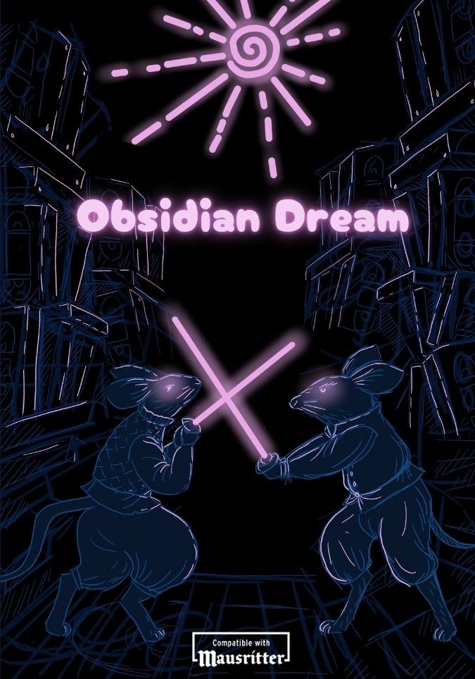 Ein digital gezeichnetes Cover für Mausritter mit einer pinken Sonne, die eine dunkle Szene ausleuchtet. Im Vordergrund sind zwei kämpfende Mäuse zu sehen, die mit Leuchtschwertern kämpfen. Im Hintergrund türmen sich Videokassetten.