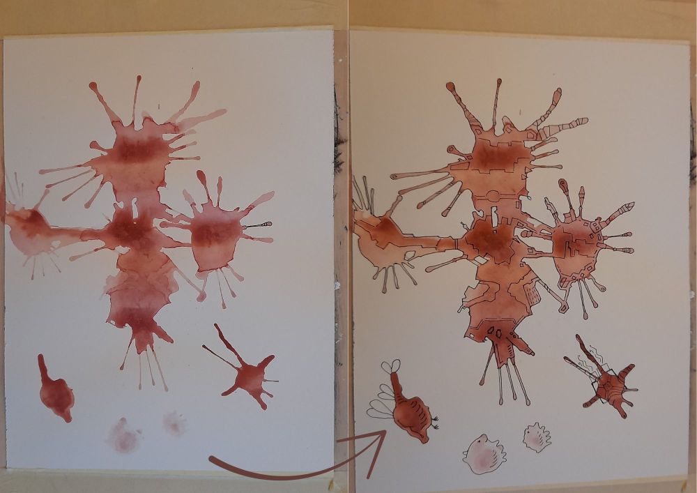 Ein Vorher-Nacherbild. Vorher ein Bild von roten Farbkleksen, links wurden die Farbklekse mit schwarzen Linien umrandet, sodass eine Raumstation und Alien zu sehen sind.