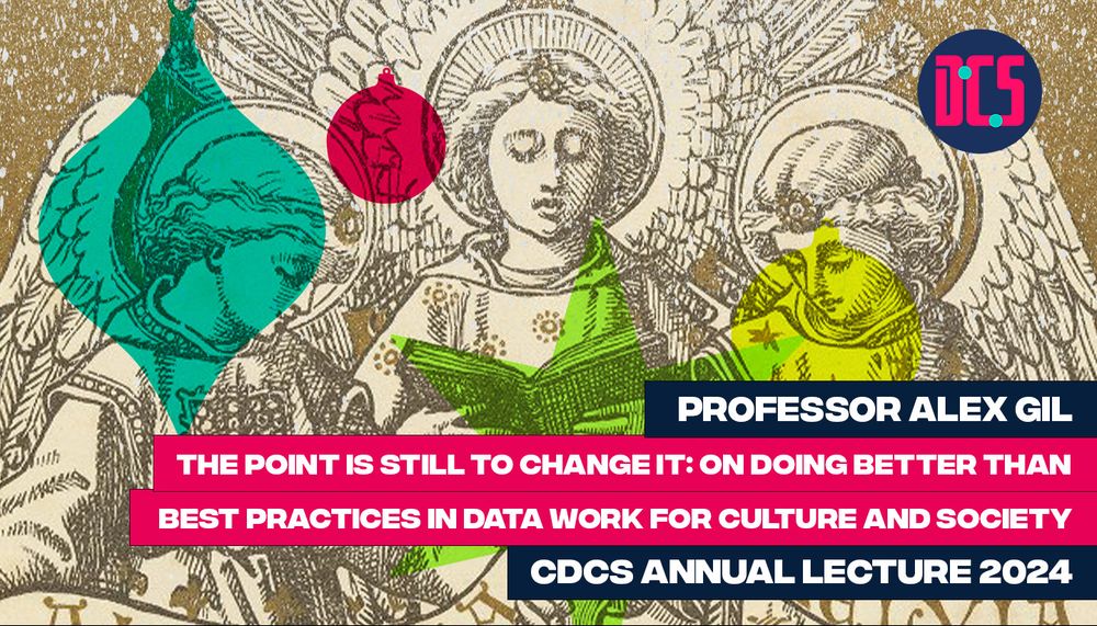 Screenshot of poster for the CDCS 2024 annual lecture by Alex Gil. The poster depicts three angels singing. Design motifs suggest Christmas, including a tree ornament.