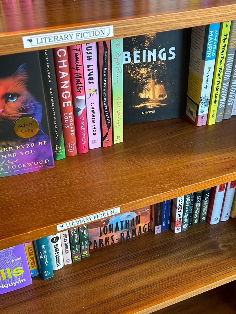 Photo of a full bookshelf labeled 'literary fiction'. The focus is on the book 'Beings: a novel' by Ilana Masad. 