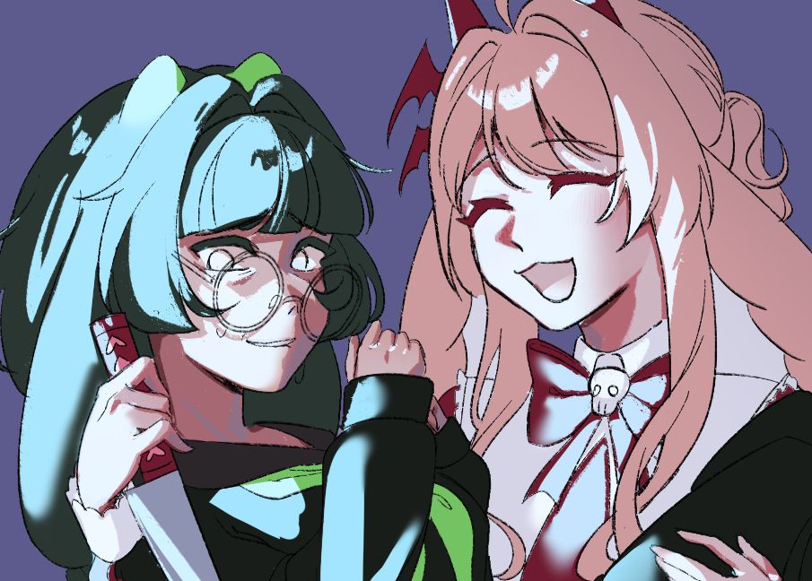 a crop of a work in progress on a digital illustration of a nerdy-looking girl being princess-carried by a sweet-looking girl who is also holding a knife like a yandere