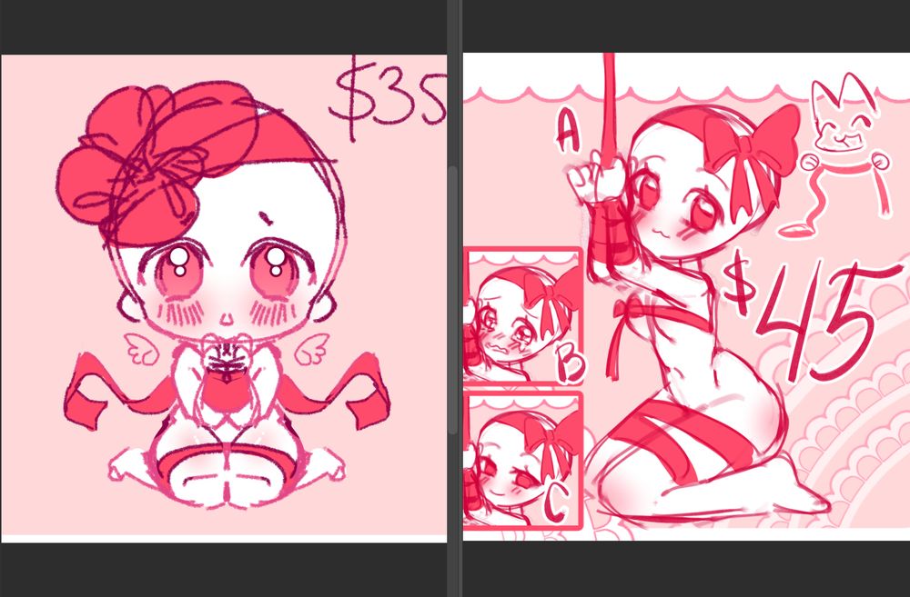 On the left is a sketch of a chibi with a huge head wrapped in red ribbons; this was an old Your Character Here base for commissions I used to offer. On the right is a sketch of a semi-chibi tied up in ribbons with different expressions that is meant to be an updated version of the YCH base.