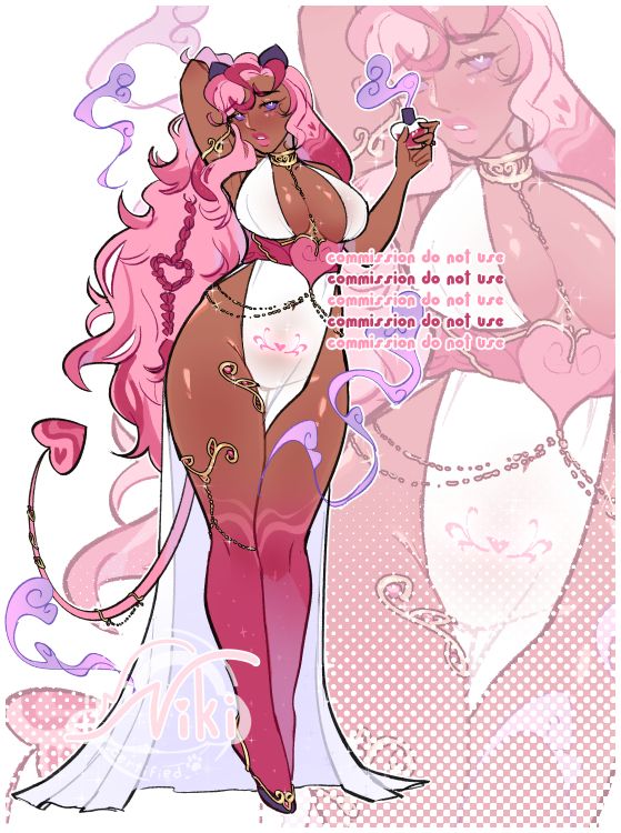 A fullbody image of a woman with an hourglass shape and fluffy multicolored pink hair. She has a demon tail and wears a white semi-Greek inspired dress with golden accessories.