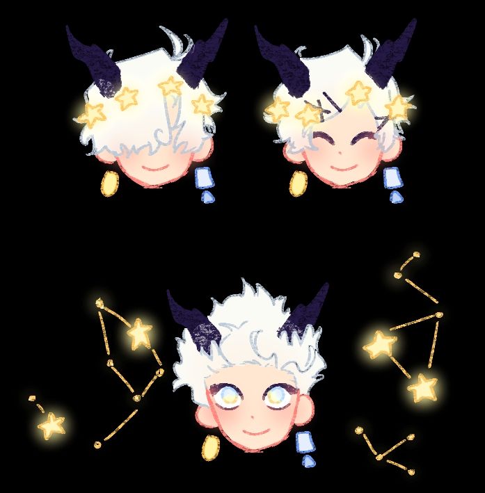 An image illustrating different states of my OC everett: normal, where his hair covers his eyes; clean face, where his hair is pinned to reveal his face and always closed smiling eyes; and eyes open, when his hair flows like there's no gravity and his star halo turns into constellations.