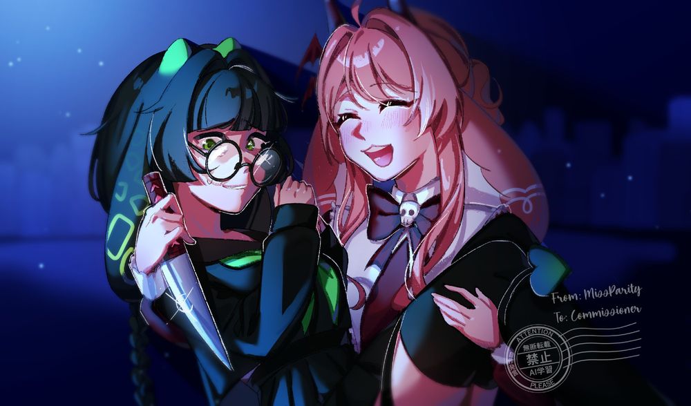 A girl with fluffy salmon pink hair and happy expression is princess-carrying a scared-looking girl with black hair and black school girl uniform. The pink girl is also holding a knife that the black-haired girl is staring at warily. The setting is nighttime and they are illuminated by a streetlight.