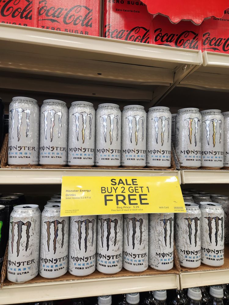 A sale on White Monster at the grocery store. 