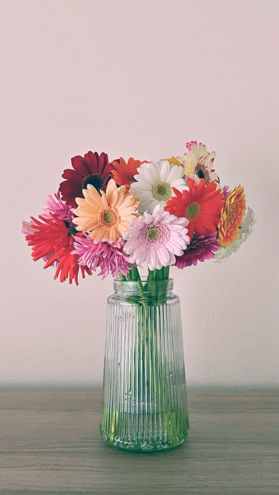 白・ピンク・橙色などのガーベラが20本、ガラスの花瓶に飾られています。
