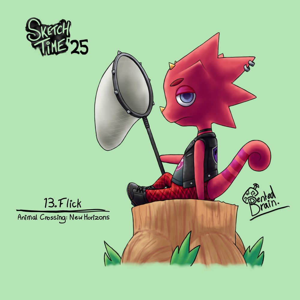 Flick - Animal Crossing: New Horizons. Flick is holding his custom bug net while resting on a tree stump.