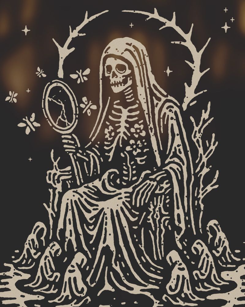 A skeletal robed figure sits on a throne of twisted branches, holding a cracked hand mirror. Small hooded spirits gather at its feet while moths and stars drift around its head. The illustration is done in a high-contrast linocut-style with bold carved lines on a dark background.
