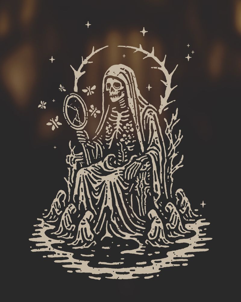 A stylised linocut illustration of a robed skeleton seated on a throne made of gnarled branches. It holds a cracked mirror as moths hover around it. Hooded ghost-like figures kneel in a circle below, surrounded by rippling water.