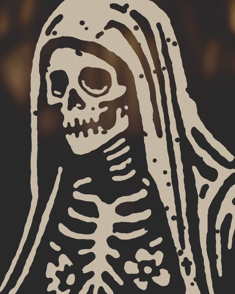 A detailed close-up of the robed skeleton’s skull and ribcage, showing carved linocut textures and worn bone details. The hood drapes over the skeleton’s head while small floral markings sit on the chest.