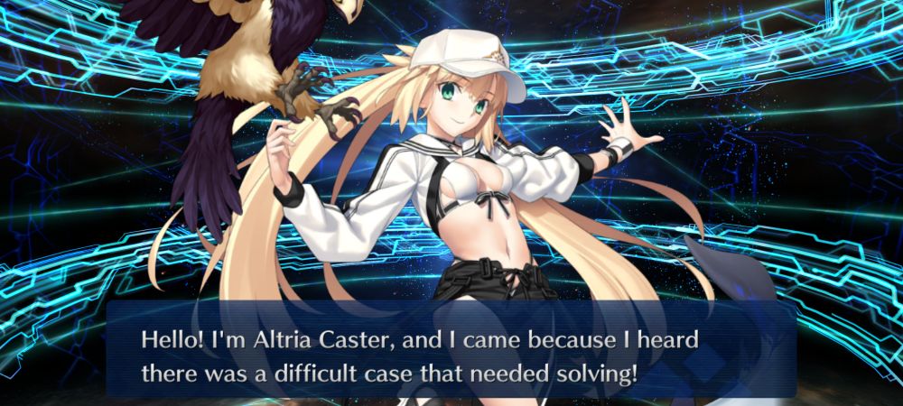 "Hello! I'm Artoria Caster, and I came because I heard there was a difficult case that needed solving!"