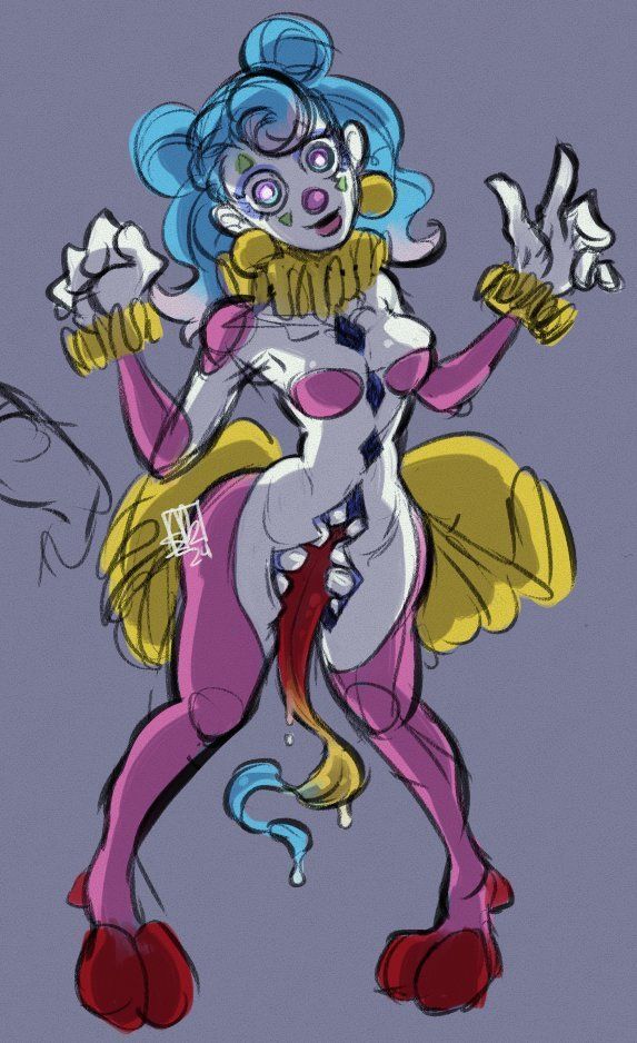 sketch of a cute but unsettling creature that somewhat resembles a clown. it is staring at the viewer with wide, inviting (predatory) eyes. there are ruffles around its neck and wrists, as well as what looks like a yellow tutu hanging off its hips. things start getting weird around the crotch area, which has opened up to reveal a giant maw with a tongue that resembles kerchiefs strung together. in place of clown shoes are large red hooves.